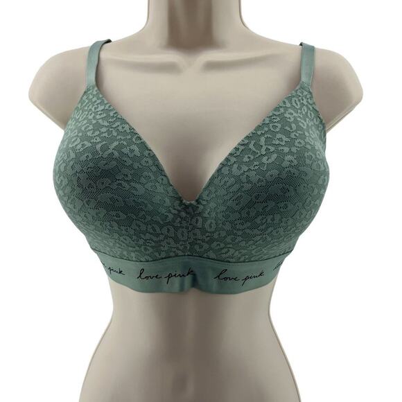 VS PINK Wear Everywhere Wireless Lightly Lined Sage Green Cheetah Lace 34DDD - Picture 1 of 6